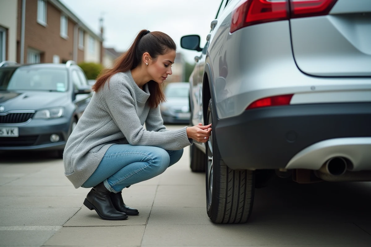 Femme fixant un traceur GPS magnétique sous le pare-chocs d'un SUV familial dans un parking extérieur