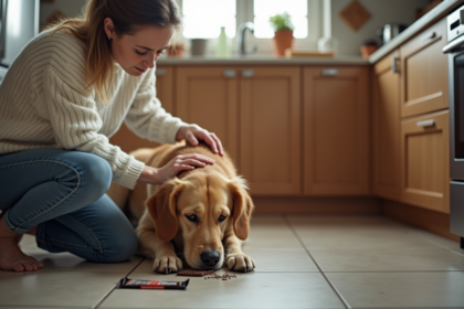 Femme inquiète avec son chien dans la cuisine moderne