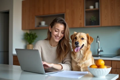 Femme souriante avec son chien en cuisine pour assurance