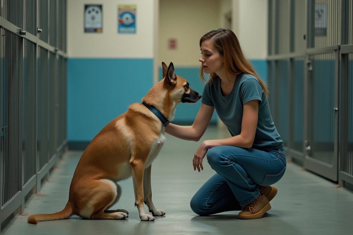 Jeune femme réconforte un chien dans un refuge animalier
