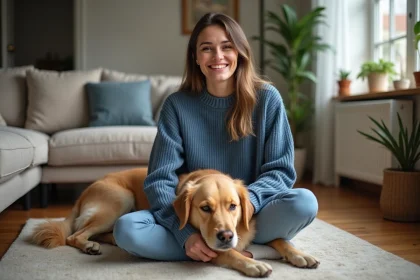 Femme souriante caressant un retriever dans un salon chaleureux
