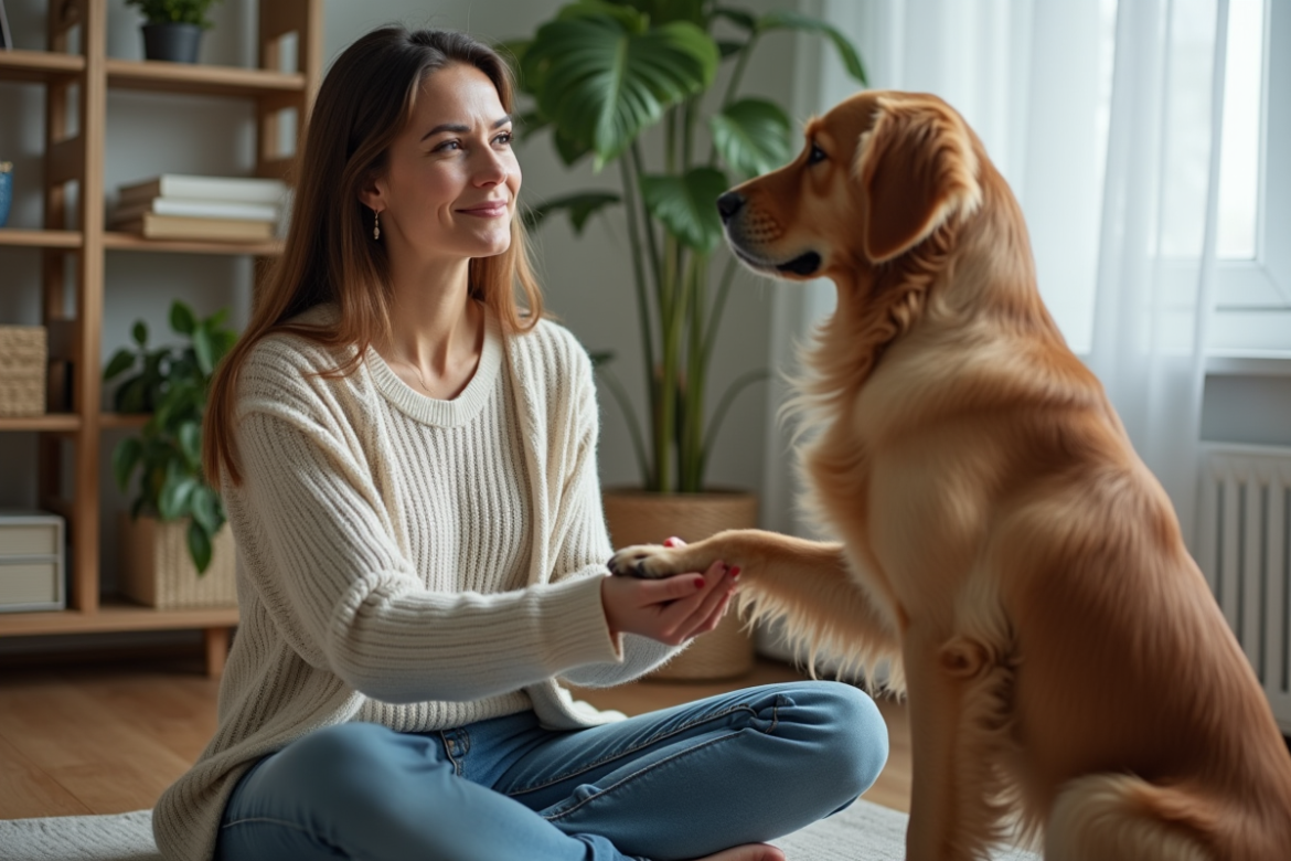 Femme assise avec un retriever en intérieur chaleureux