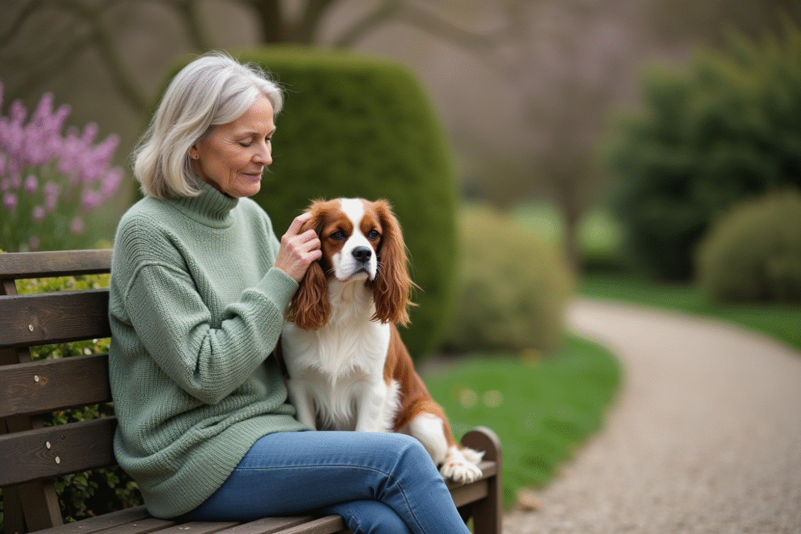 Femme en pull vert sage avec chien cavalier en jardin