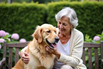 Femme senior souriante caressant un golden retriever poilu dans un jardin fleuri