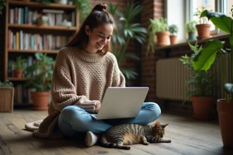 Jeune femme souriante sur son ordinateur portable consultant un site dédié aux chats, avec son chat tigré posé à ses côtés dans un appartement chaleureux