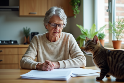 Femme d'âge moyen vérifiant ses documents d'assurance avec son chat