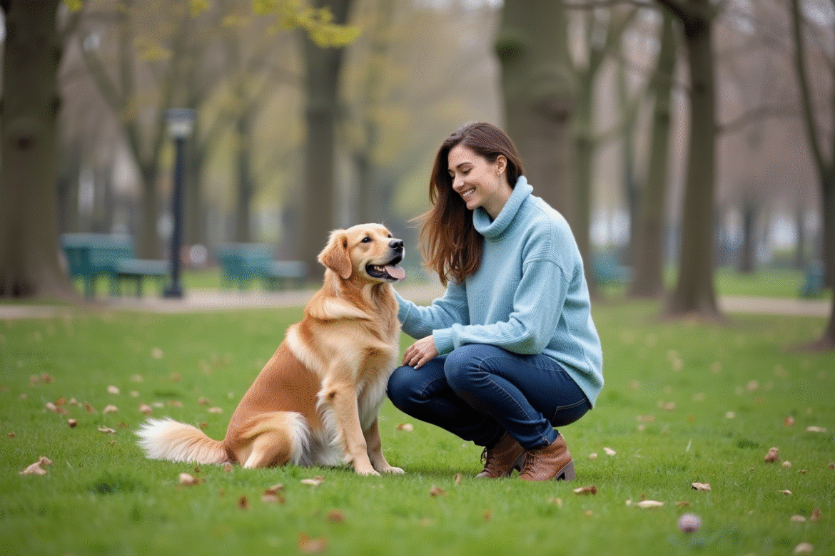 Femme souriante avec chien doré dans un parc urbain