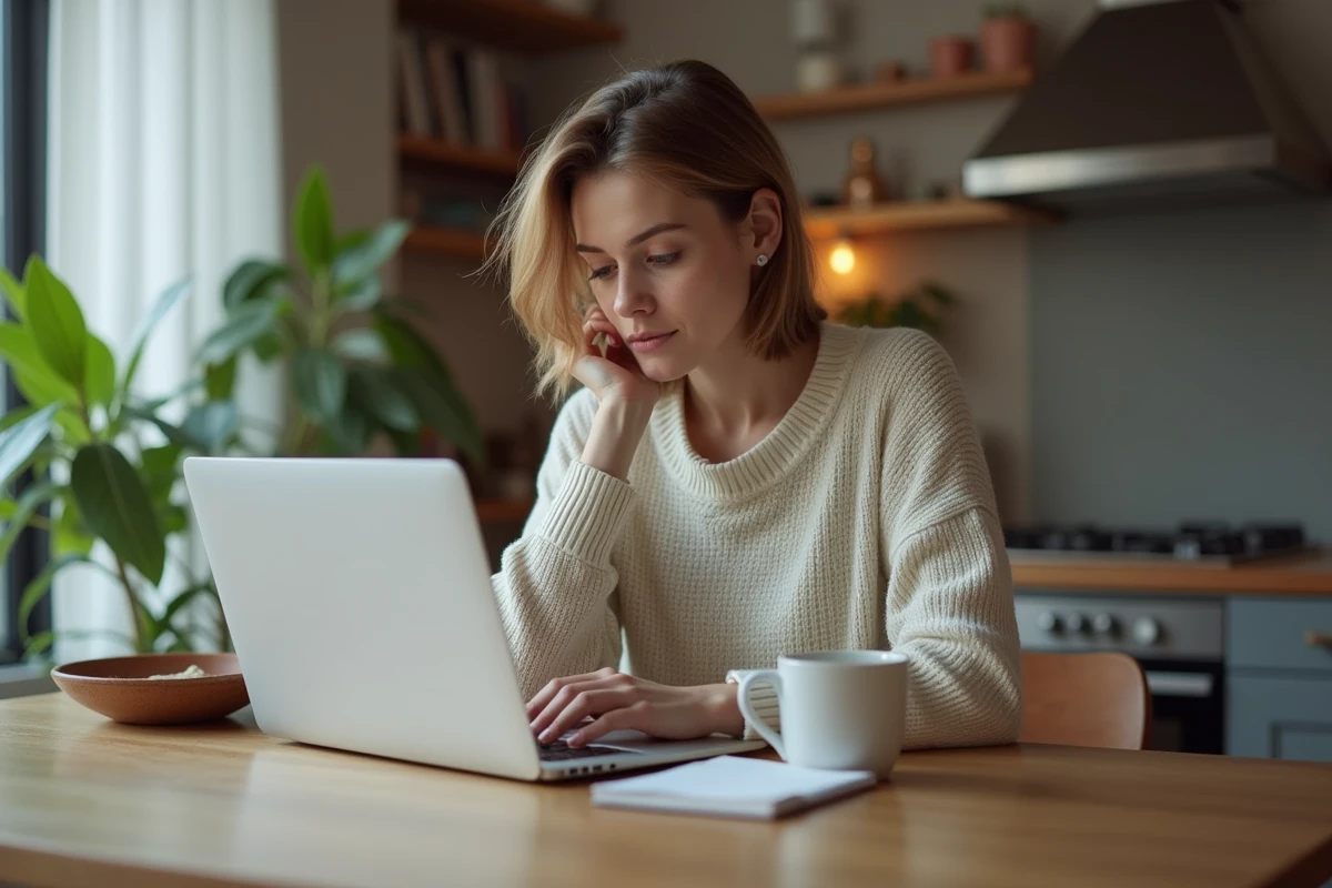 Femme assise à une table de cuisine moderne en travaillant