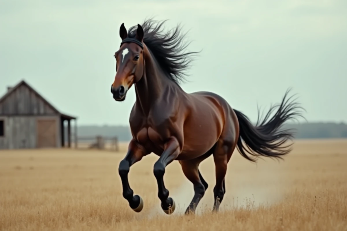 Cheval bai galopant en liberté dans un champ doré, scène évoquant les films équestres inspirés de faits réels