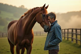 Un entraîneur et son cheval partageant un moment émouvant dans un pré brumeux, inspiré d'un film équestre tiré d'une histoire vraie