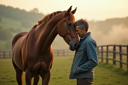 Un entraîneur et son cheval partageant un moment émouvant dans un pré brumeux, inspiré d'un film équestre tiré d'une histoire vraie