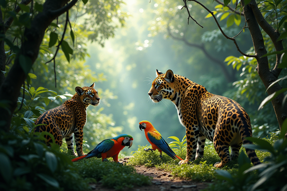 Forêt tropicale avec jaguars et perroquets colorés