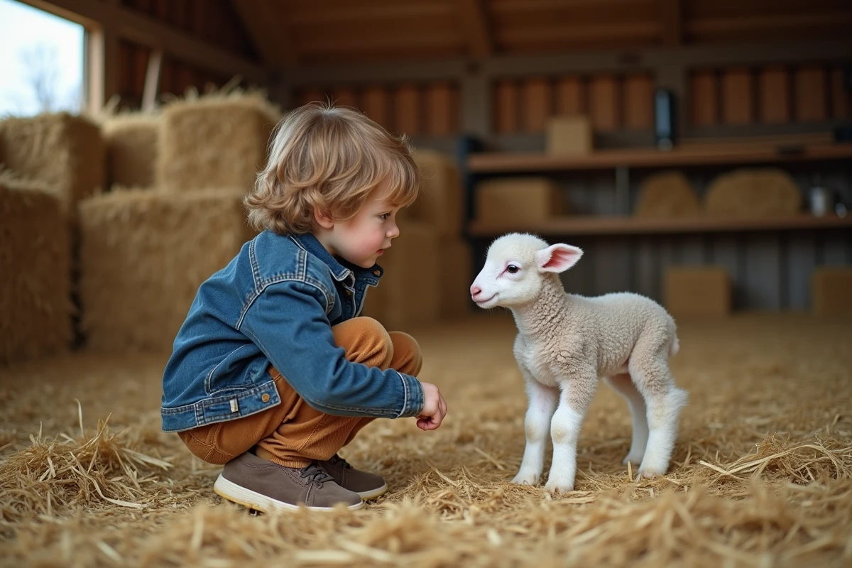 Garçon regardant un petit agneau dans une ferme en bois