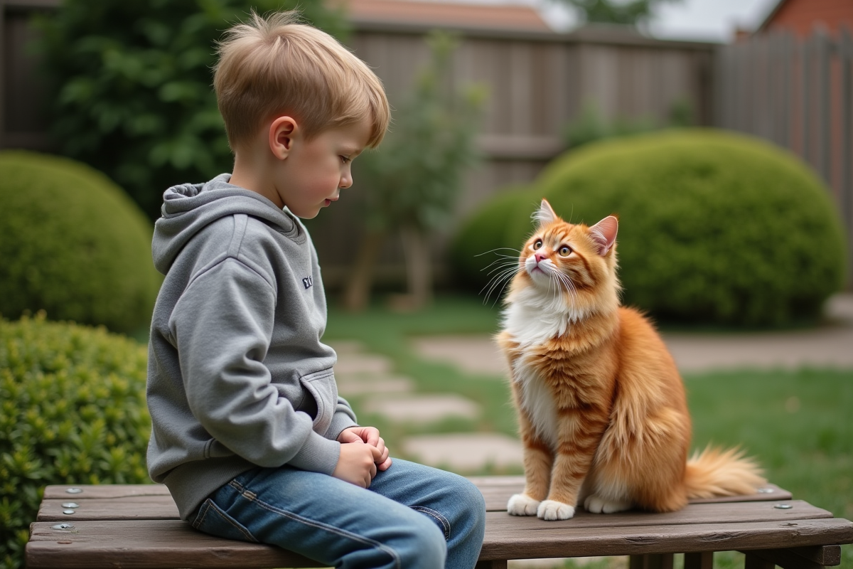 Jeune garçon avec son chat orange dans le jardin