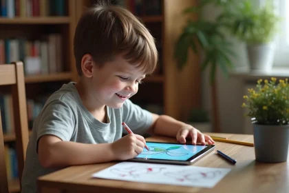 Jeune garçon souriant colorie un oiseau sur une tablette