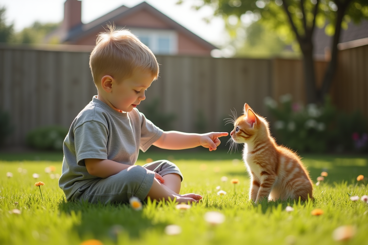 Garçon et chaton roux dans un jardin ensoleille