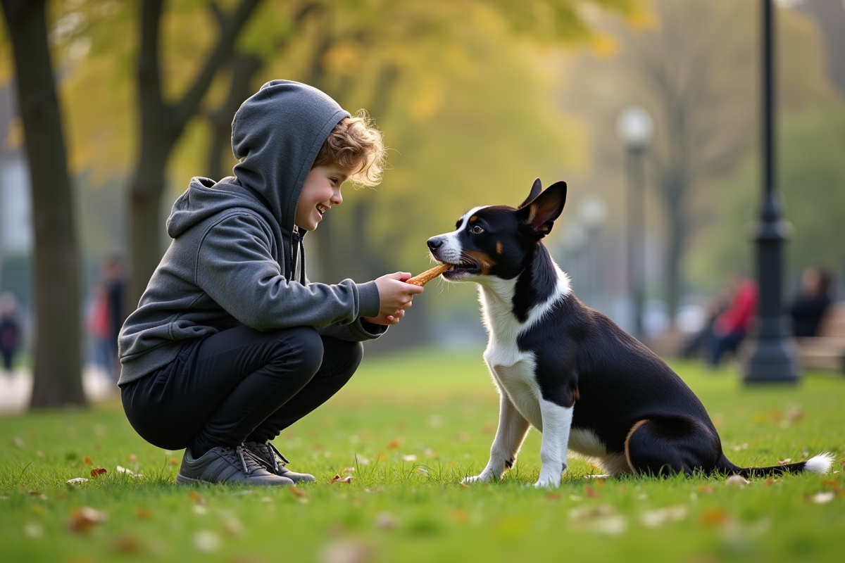 Adolescent donnant une friandise à un chien dans un parc urbain