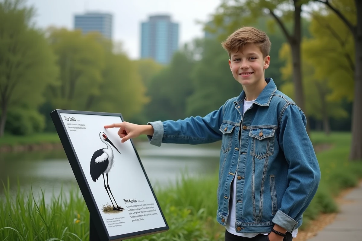Adolescent pointant un panneau sur l