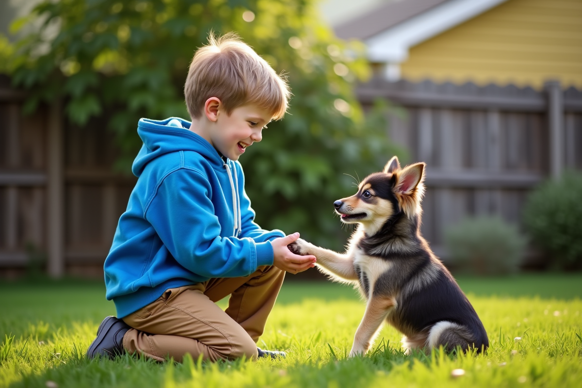Garçon avec chien dans un jardin en extérieur