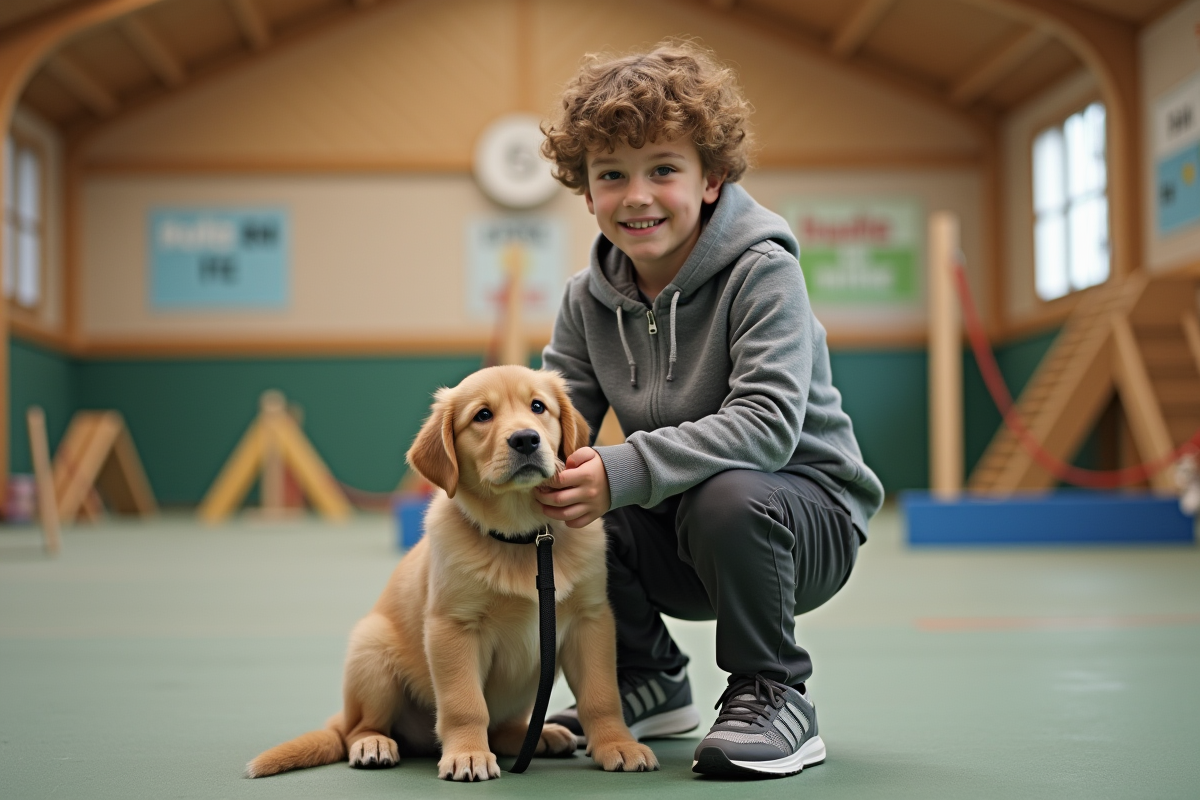 Garçon avec un chiot en cours d