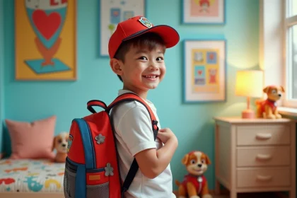 Garçon de 7 ans souriant avec sac à dos Paw Patrol