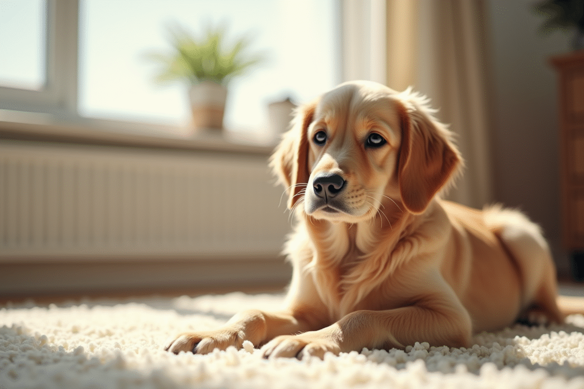 Chien golden retriever assis sur un tapis dans un salon lumineux