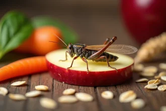 Grillon posé sur une tranche de pomme fraîche entouré de flocons d'avoine et de légumes, vue macro détaillée sur table en bois