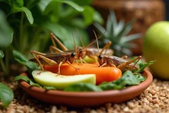 Grillons adultes se nourrissant de légumes frais et de fruits dans un terrarium, alimentation naturelle des grillons