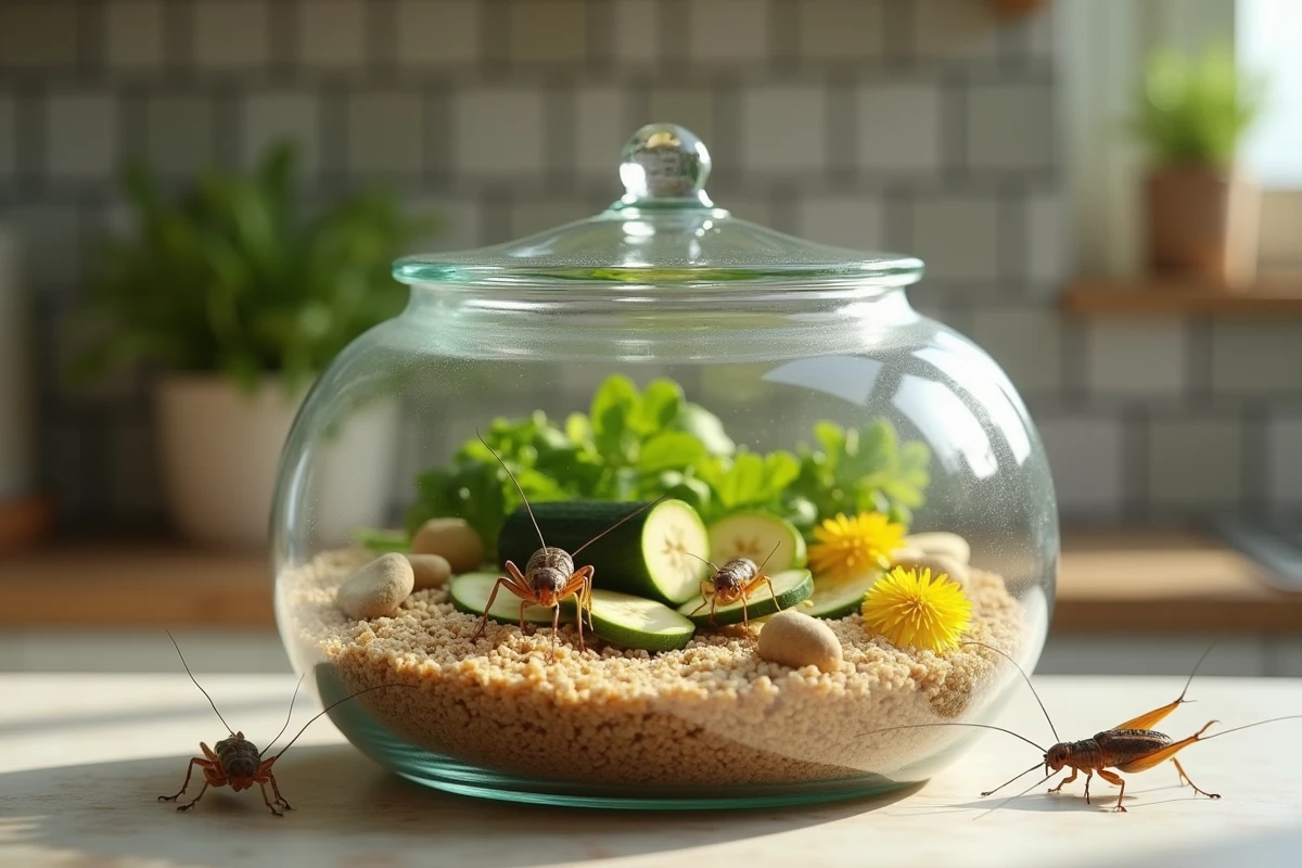 Terrarium en verre avec des grillons se nourrissant de courgette, banane et feuilles de pissenlit dans un cadre de cuisine domestique