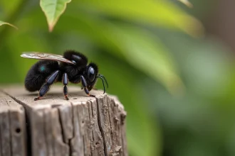 Gros insecte noir volant de type xylocope posé sur un bois percé de trous ronds dans un jardin