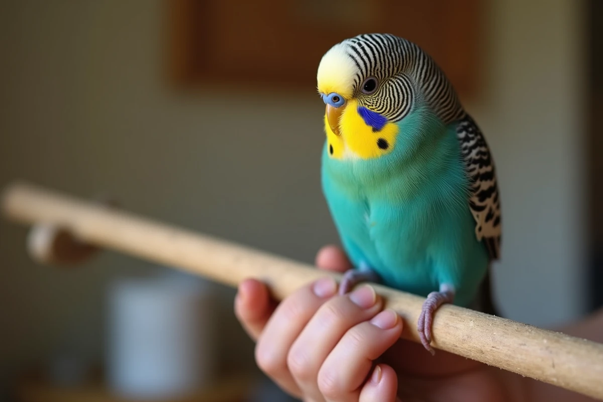 Gros plan d'une perruche omnicolore aux plumes colorées perchée sur un bâton tenu à la main, montrant un comportement craintif mais curieux