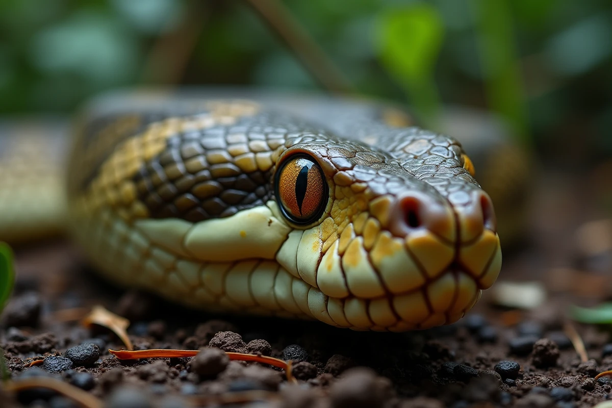 Gros plan hyperréaliste de la tête d'un python réticulé montrant son œil ambré à pupille verticale et les détails précis de ses écailles bronzées