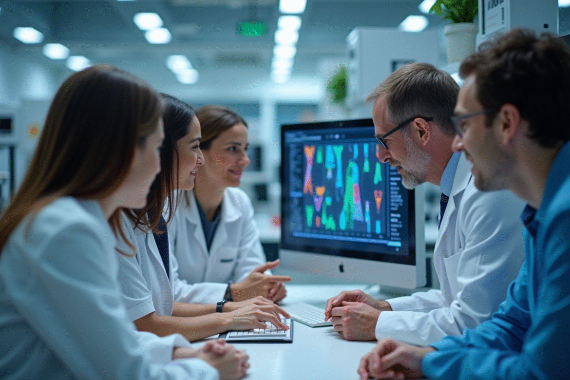 Groupe diversifié dans un laboratoire de génétique regardant un schéma chromosomique
