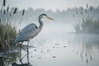 Héron cendré immobile au bord d'un marais brumeux, reflet dans l'eau calme au lever du jour