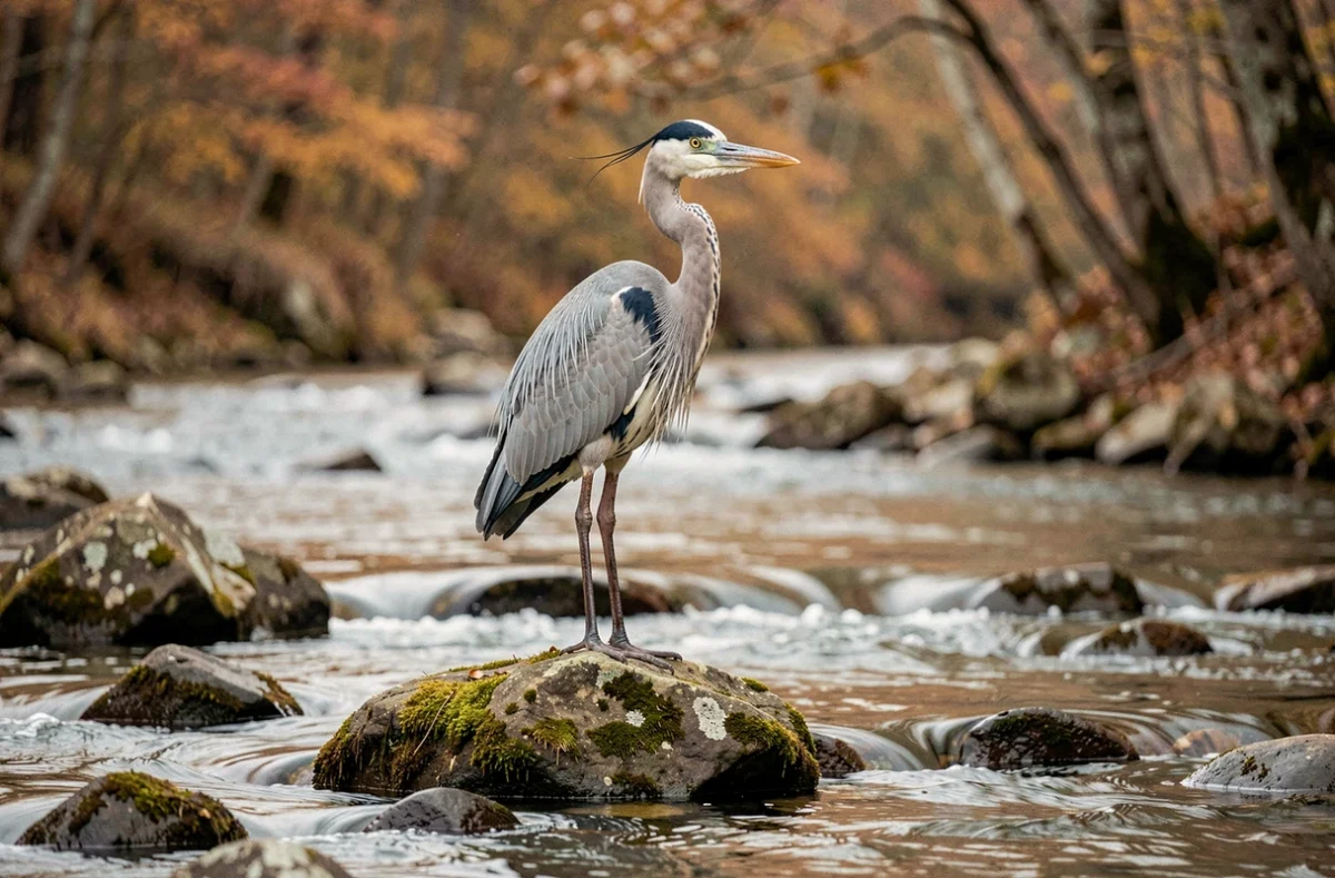 Héron perché sur un rocher moussu au milieu d'une rivière rocailleuse en automne, symbolisant l'élément terre