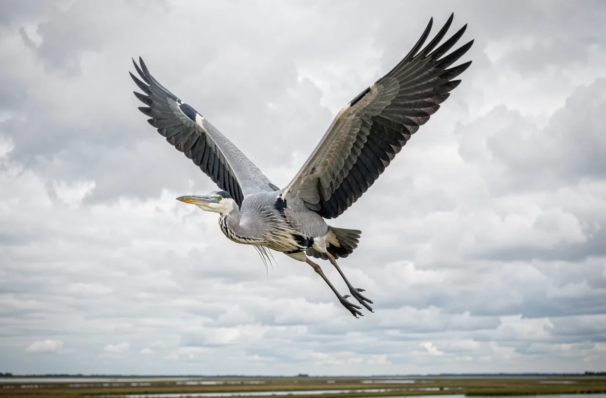 Héron en plein vol déployant ses ailes face à un ciel nuageux, symbolisant la liberté et l'élément air