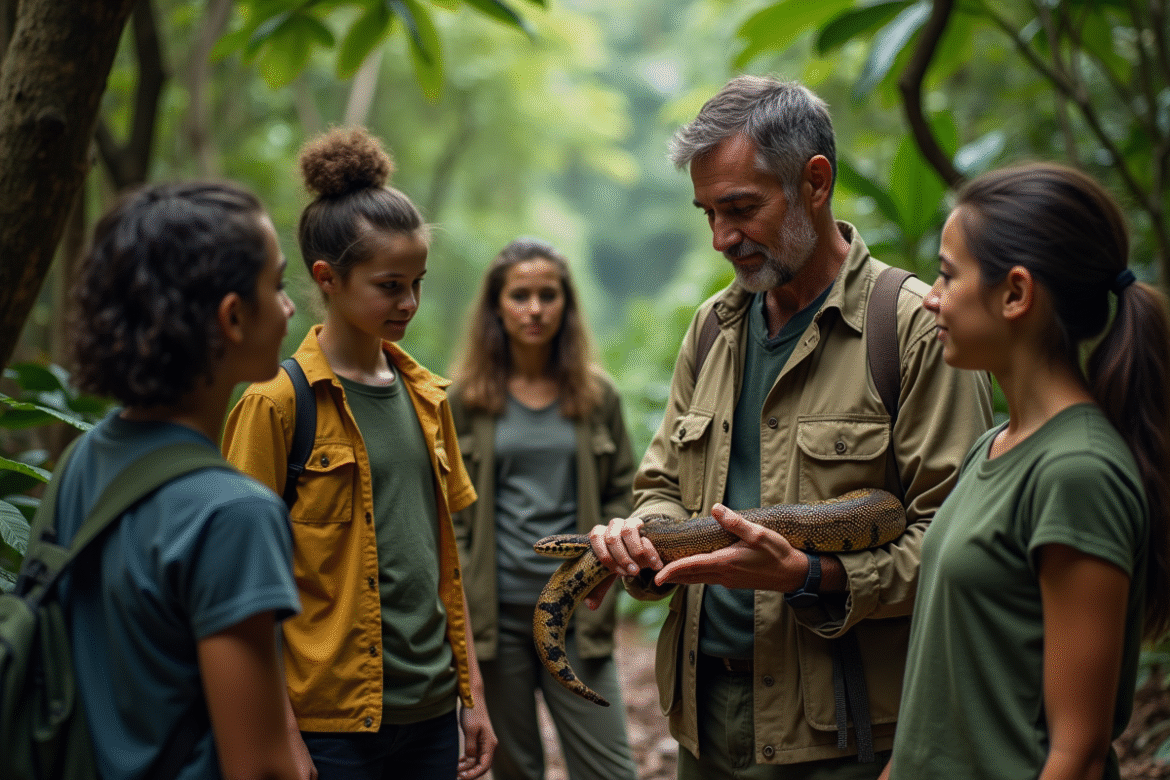 Herpetologue montrant un serpent coloré à des adolescents en forêt