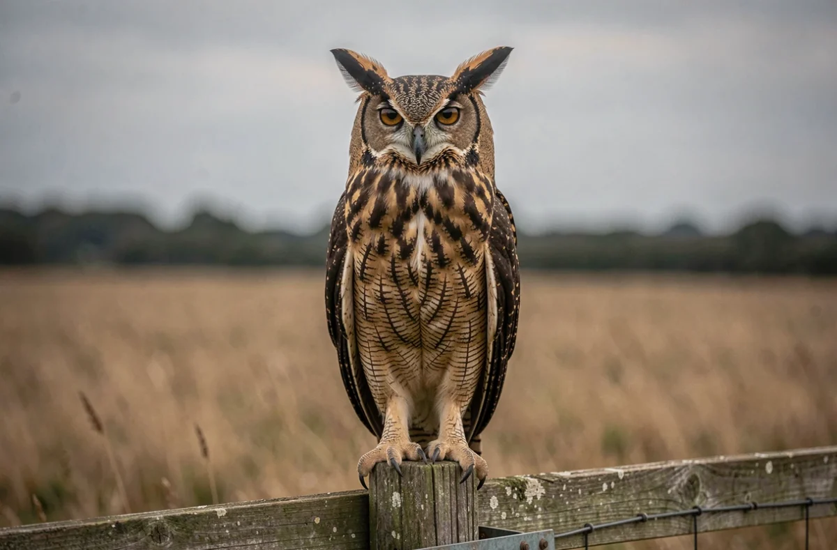 Hibou moyen-duc avec aigrettes bien visibles perché sur un poteau en bois dans la campagne