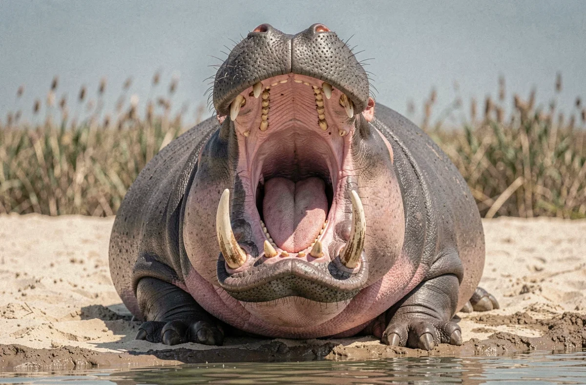 Hippopotame ouvrant grand la gueule sur une berge sablonneuse, montrant la puissance physique et la masse corporelle de l'animal