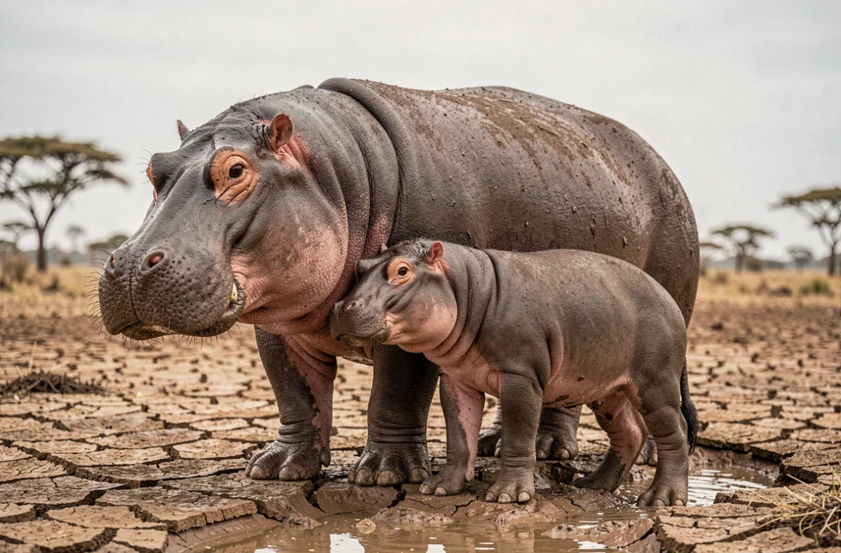 Mère hippopotame et son petit sur une berge boueuse, comparaison de taille et de poids entre adulte et jeune hippopotame