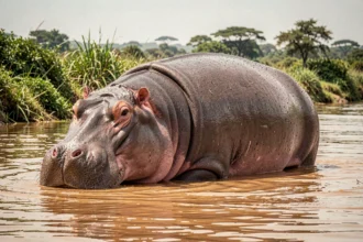 Hippopotame adulte massif à moitié immergé dans une rivière africaine, illustrant le poids impressionnant de cet animal
