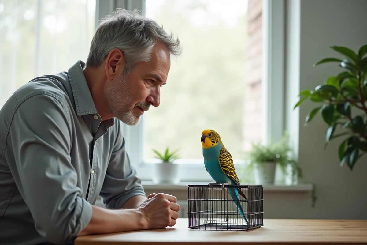 Homme s'approchant doucement d'une perruche omnicolore dans sa cage ouverte pour l'habituer à sa présence