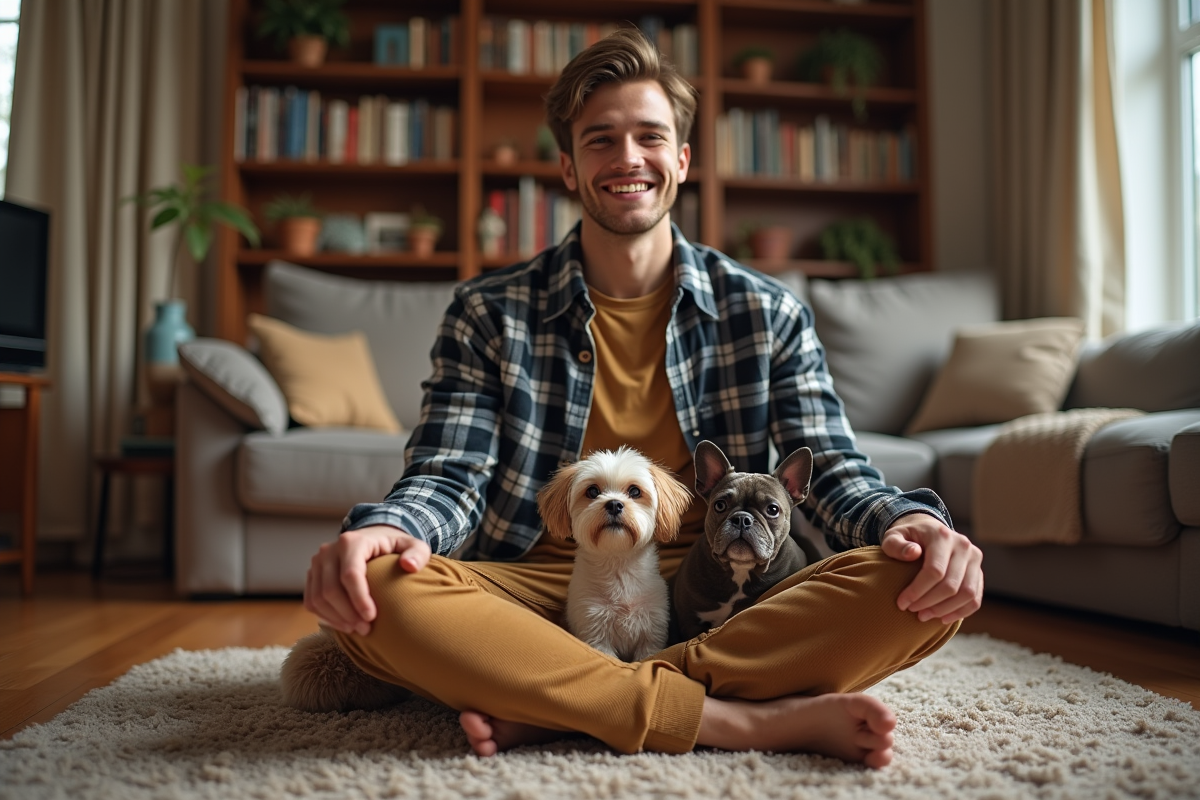 Jeune homme relaxe avec deux petits chiens dans un salon chaleureux