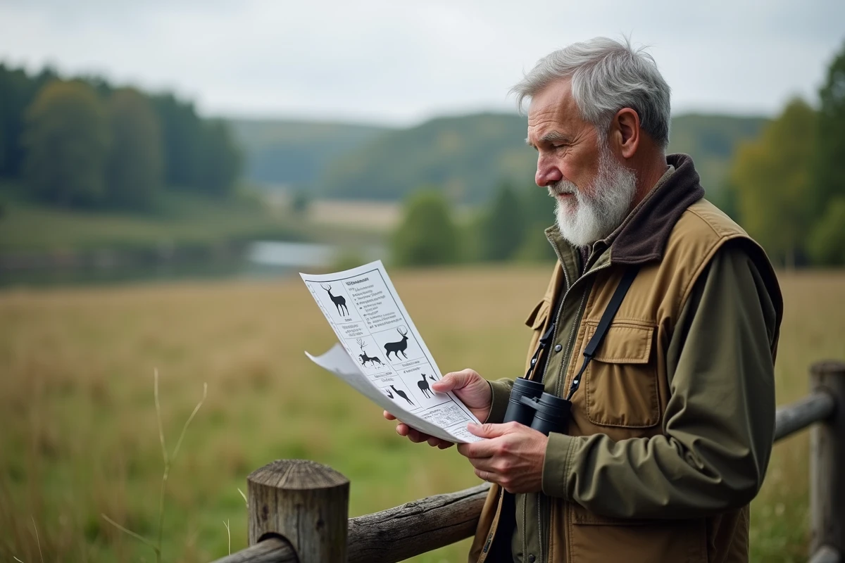 Homme avec jumelles étudie silhouette de cerfs dans la nature