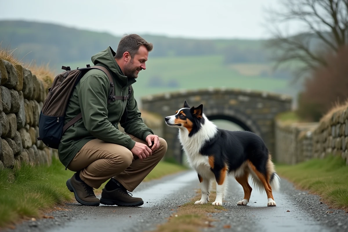 Homme accroupi près de son border collie sur un chemin de campagne avec des murs en pierres sèches pendant une randonnée du dimanche