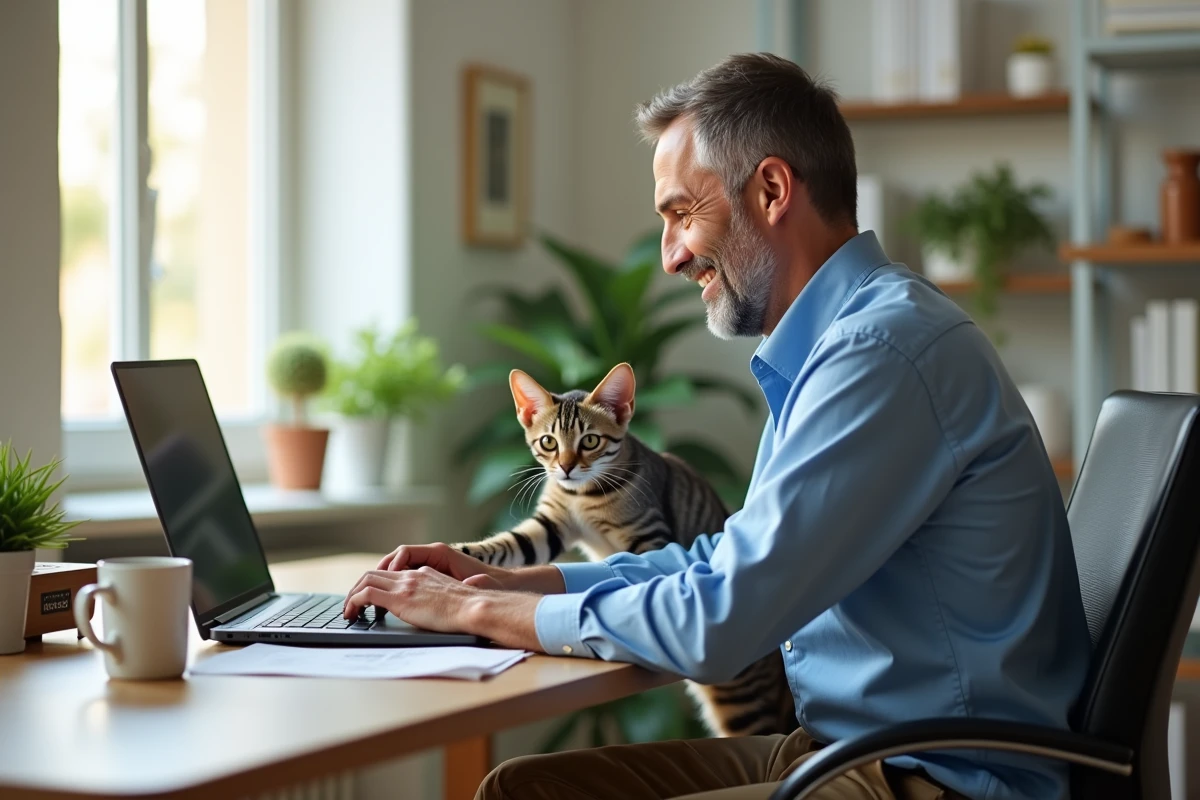 Homme souriant avec chat sur un bureau moderne
