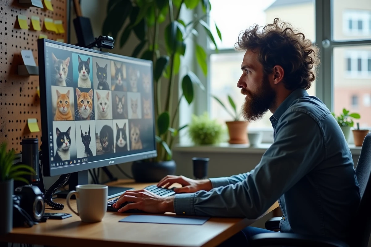 Homme barbu concentré devant un écran affichant une galerie de photos de chats dans un bureau créatif à domicile