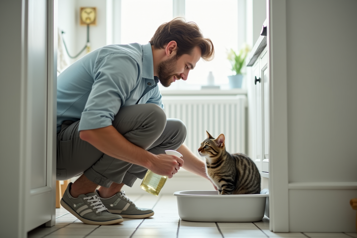 Homme avec vaporisateur et chat dans une salle de bain lumineuse