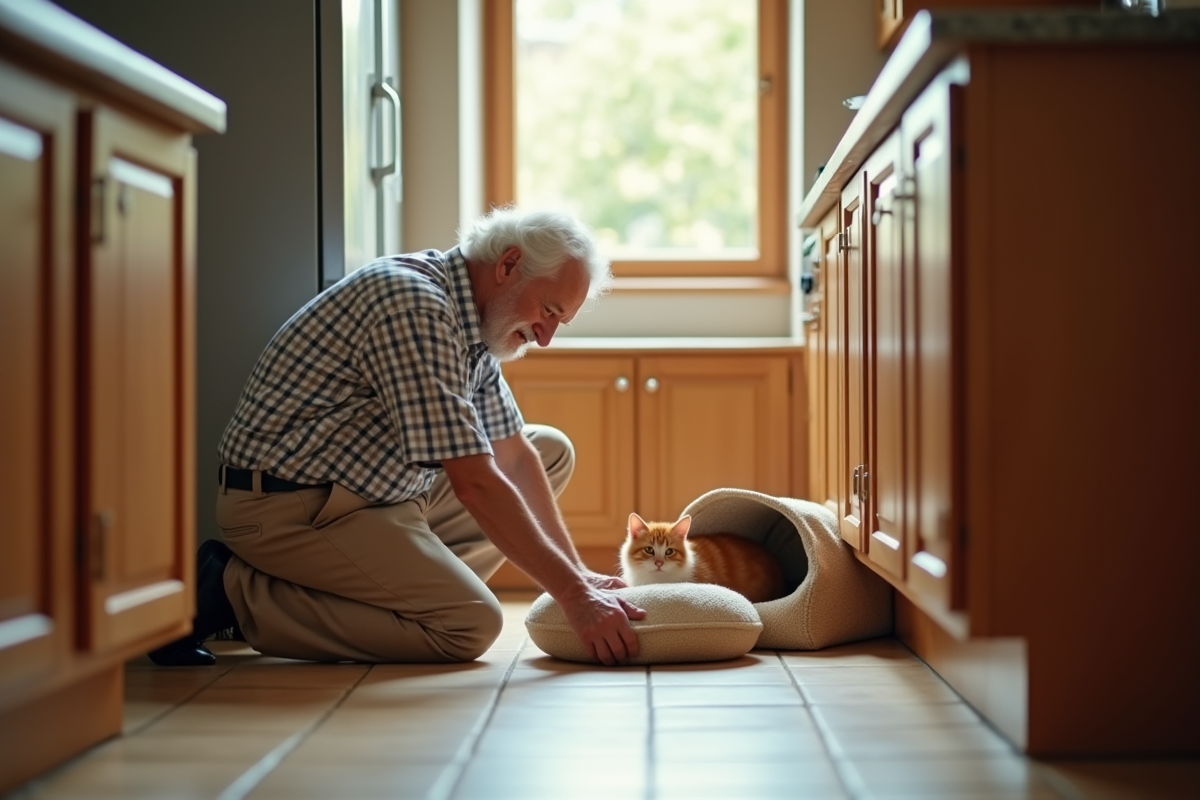 Homme âgé plaçant un lit pour chat dans la cuisine