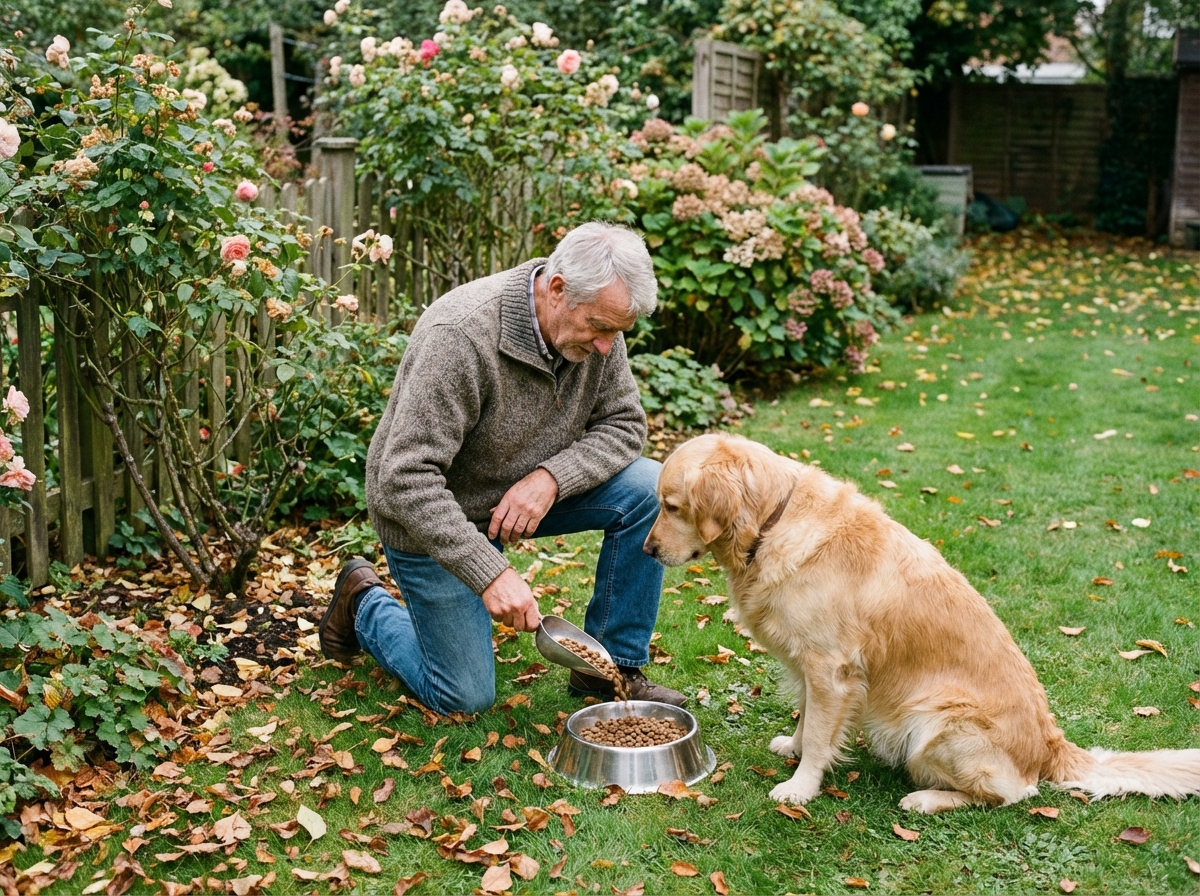Homme âgé donnant à manger à son chien dans le jardin